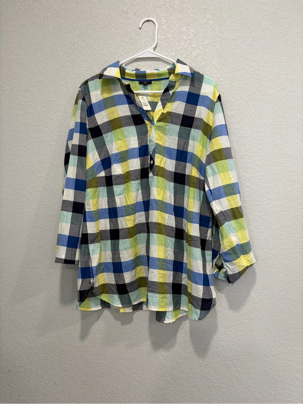 Talbots women’s Plaid Button-Front Shirt in Blue, Green & White